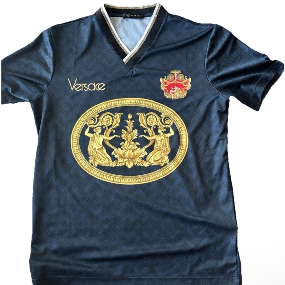 Versace Navy Blue Soccer Jersey Embroidered Shirt